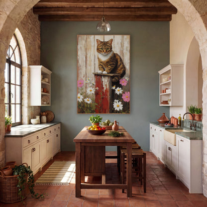 Tabby Cat Daisy Farmhouse Scene wall art in a farmhouse-style room – tabby cat with white paws sitting on a red post