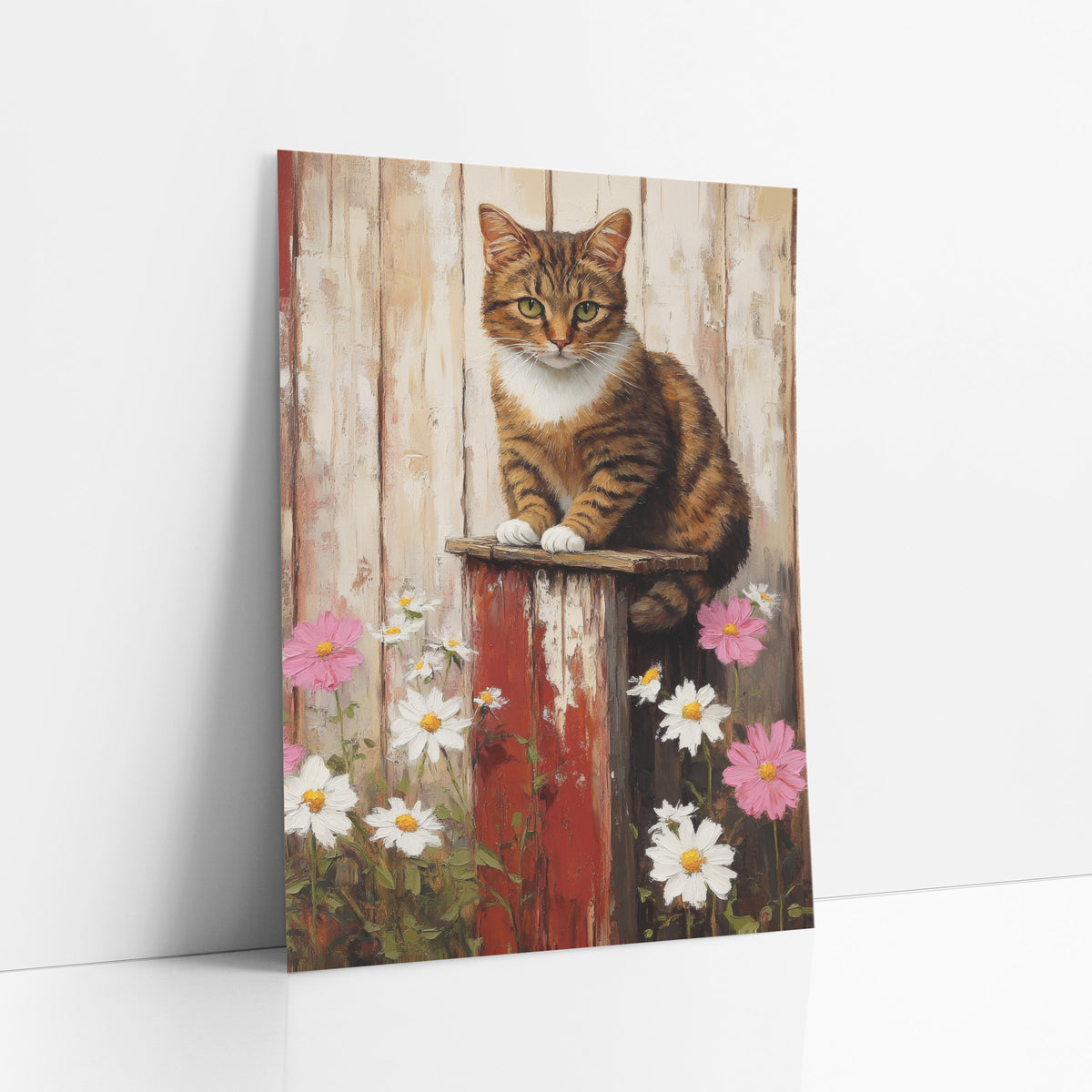 Tabby Cat Daisy Farmhouse Scene art print leaning against a white wall – tabby cat with white paws sitting on a red post