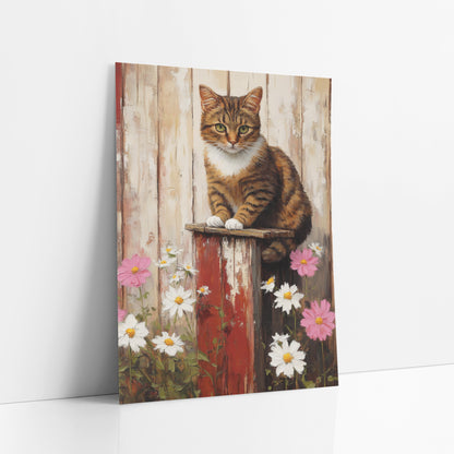 Tabby Cat Daisy Farmhouse Scene art print leaning against a white wall – tabby cat with white paws sitting on a red post