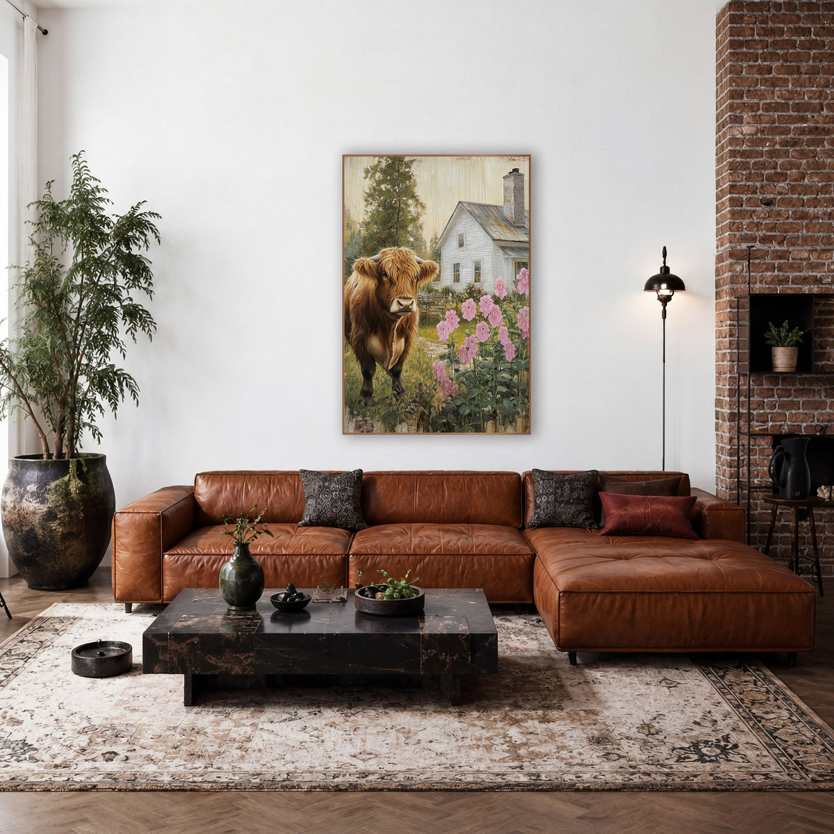 Chimney Cottage Heifer Meadow Rustic wall art in a farmhouse-style room – shaggy ginger highland cow in a garden