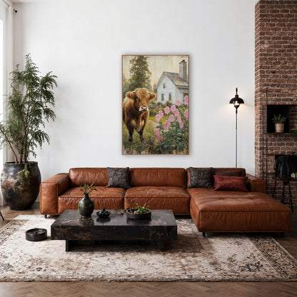 Chimney Cottage Heifer Meadow Rustic wall art in a farmhouse-style room – shaggy ginger highland cow in a garden