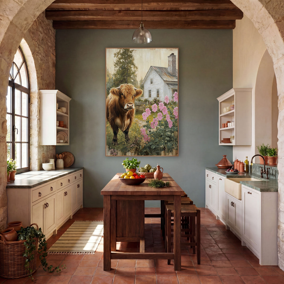 Chimney Cottage Heifer Meadow Rustic wall art in a farmhouse-style room – shaggy ginger highland cow in a garden