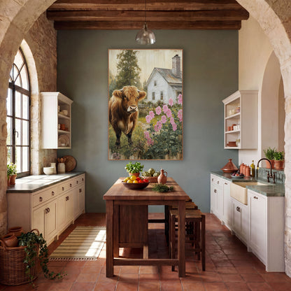 Chimney Cottage Heifer Meadow Rustic wall art in a farmhouse-style room – shaggy ginger highland cow in a garden