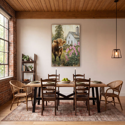 Chimney Cottage Heifer Meadow Rustic wall art in a farmhouse-style room – shaggy ginger highland cow in a garden