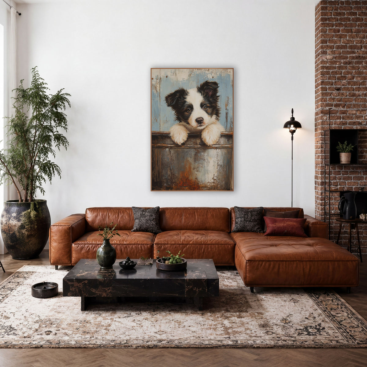 Rust Bucket Puppy Farmhouse Portrait wall art in a farmhouse-style room – black and white puppy with paws on a rusty