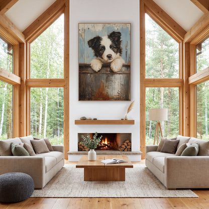 Rust Bucket Puppy Farmhouse Portrait wall art in a farmhouse-style room – black and white puppy with paws on a rusty