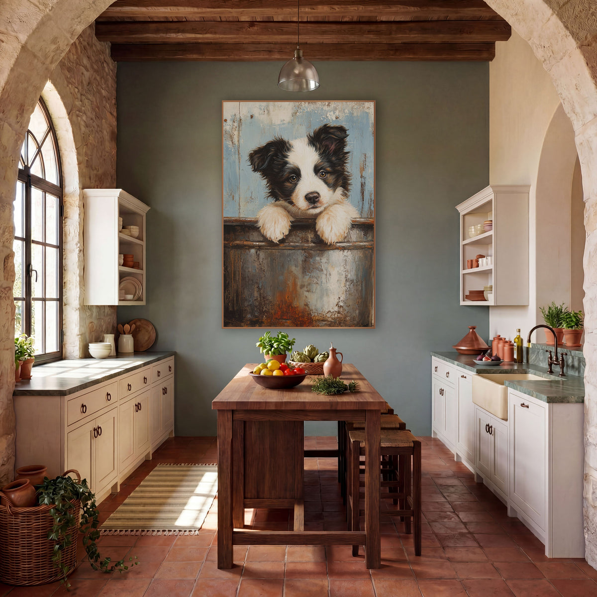 Rust Bucket Puppy Farmhouse Portrait wall art in a farmhouse-style room – black and white puppy with paws on a rusty