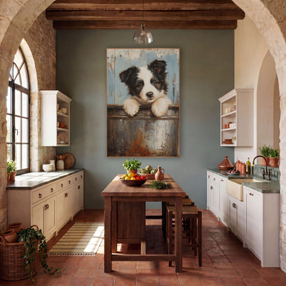 Rust Bucket Puppy Farmhouse Portrait wall art in a farmhouse-style room – black and white puppy with paws on a rusty