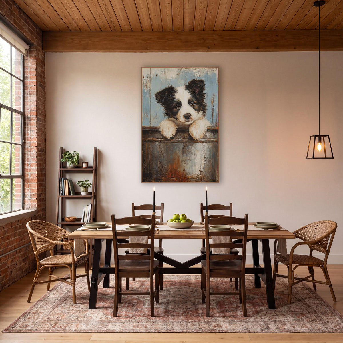 Rust Bucket Puppy Farmhouse Portrait wall art in a farmhouse-style room – black and white puppy with paws on a rusty