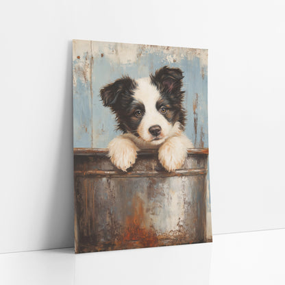 Rust Bucket Puppy Farmhouse Portrait art print leaning against a white wall – black and white puppy with paws on a rusty