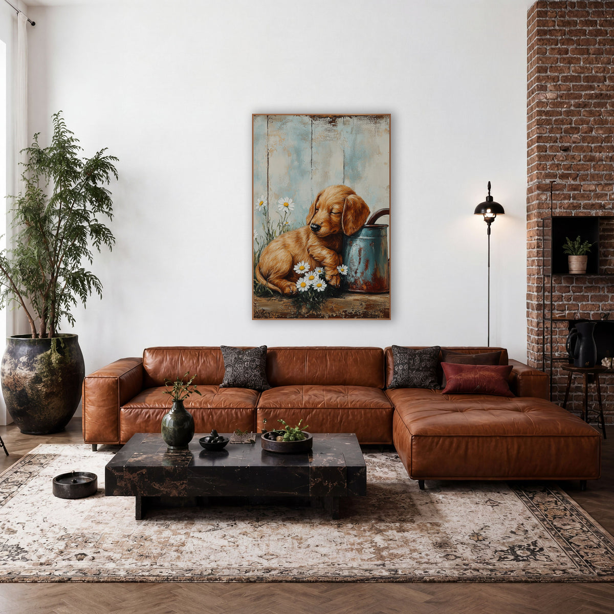 Sleepy Puppy Daisy Farmhouse Rustic wall art in a farmhouse-style room – golden puppy asleep against a rusty blue