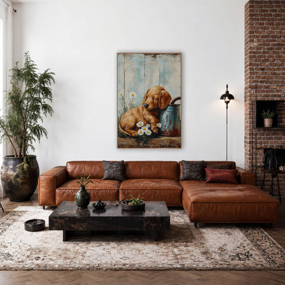 Sleepy Puppy Daisy Farmhouse Rustic wall art in a farmhouse-style room – golden puppy asleep against a rusty blue