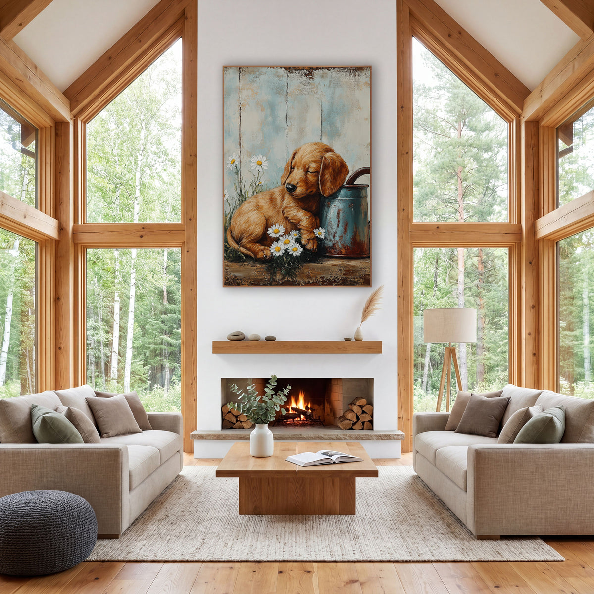 Sleepy Puppy Daisy Farmhouse Rustic wall art in a farmhouse-style room – golden puppy asleep against a rusty blue