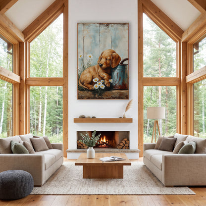 Sleepy Puppy Daisy Farmhouse Rustic wall art in a farmhouse-style room – golden puppy asleep against a rusty blue