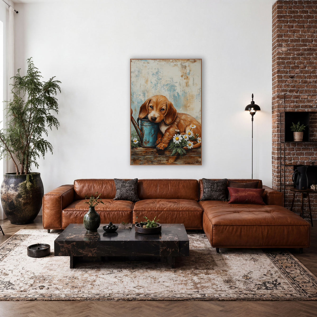 Sleepy Puppy Daisy Farmhouse wall art in a farmhouse-style room – golden-brown puppy resting its chin on a teal