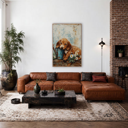 Sleepy Puppy Daisy Farmhouse wall art in a farmhouse-style room – golden-brown puppy resting its chin on a teal