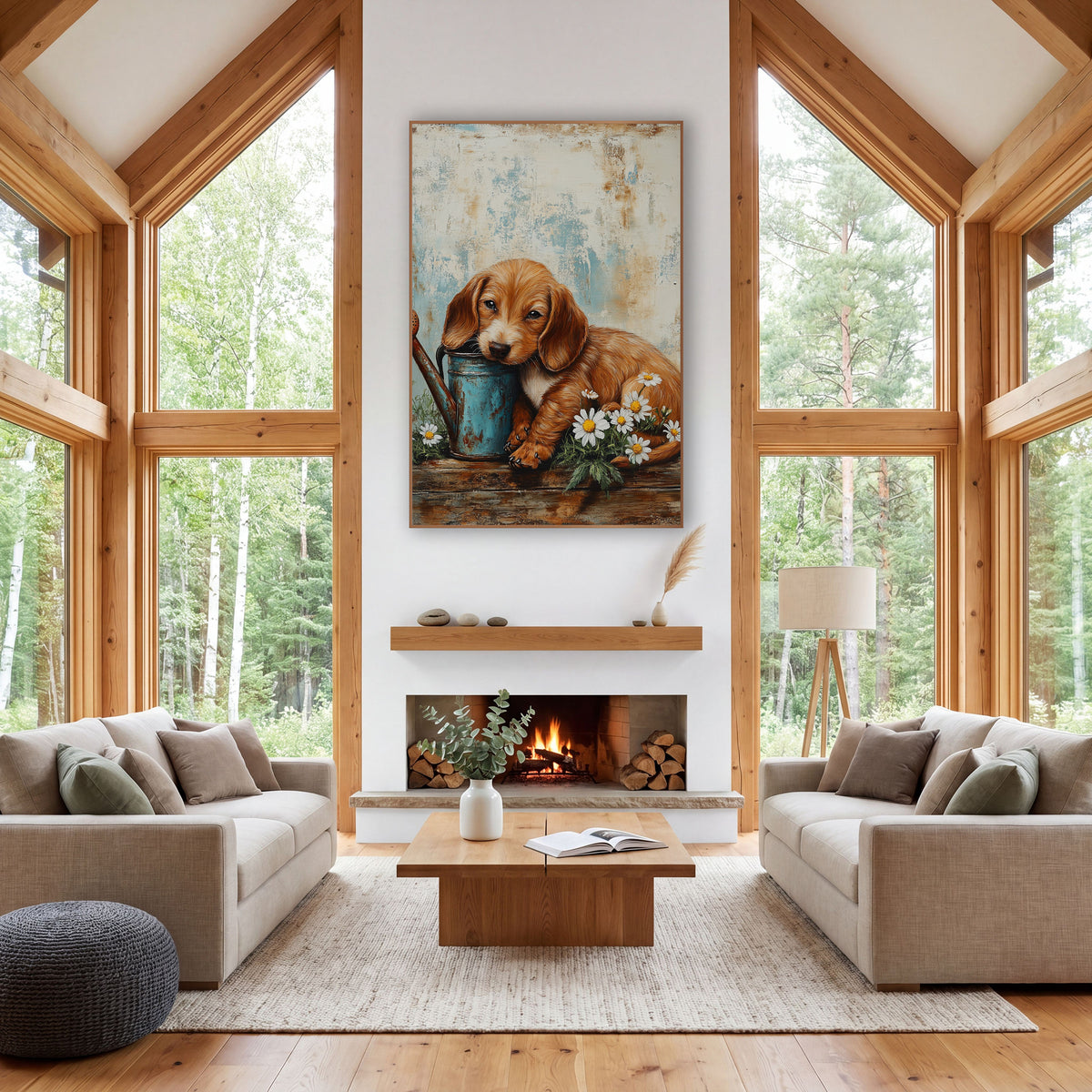 Sleepy Puppy Daisy Farmhouse wall art in a farmhouse-style room – golden-brown puppy resting its chin on a teal