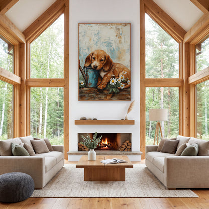 Sleepy Puppy Daisy Farmhouse wall art in a farmhouse-style room – golden-brown puppy resting its chin on a teal