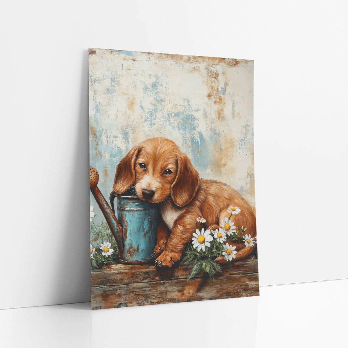 Sleepy Puppy Daisy Farmhouse art print leaning against a white wall – golden-brown puppy resting its chin on a teal watering