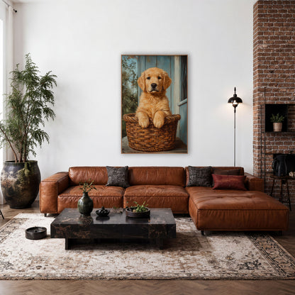 Golden Puppy in Woven Basket Farmhouse wall art in a farmhouse-style room – golden puppy with paws on a woven basket