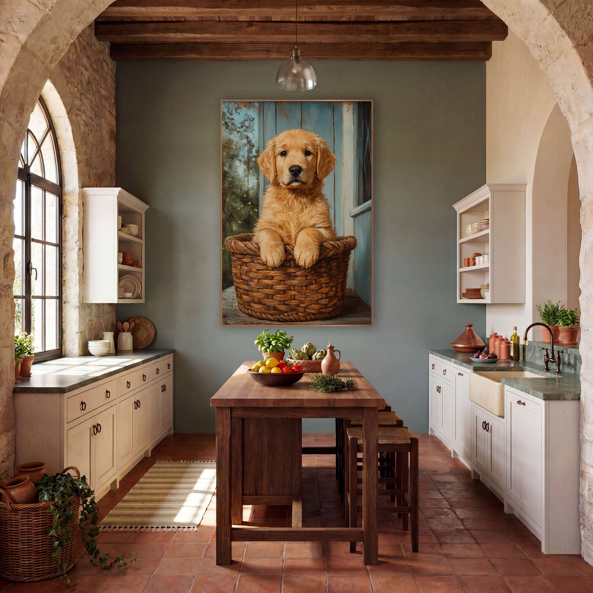 Golden Puppy in Woven Basket Farmhouse wall art in a farmhouse-style room – golden puppy with paws on a woven basket