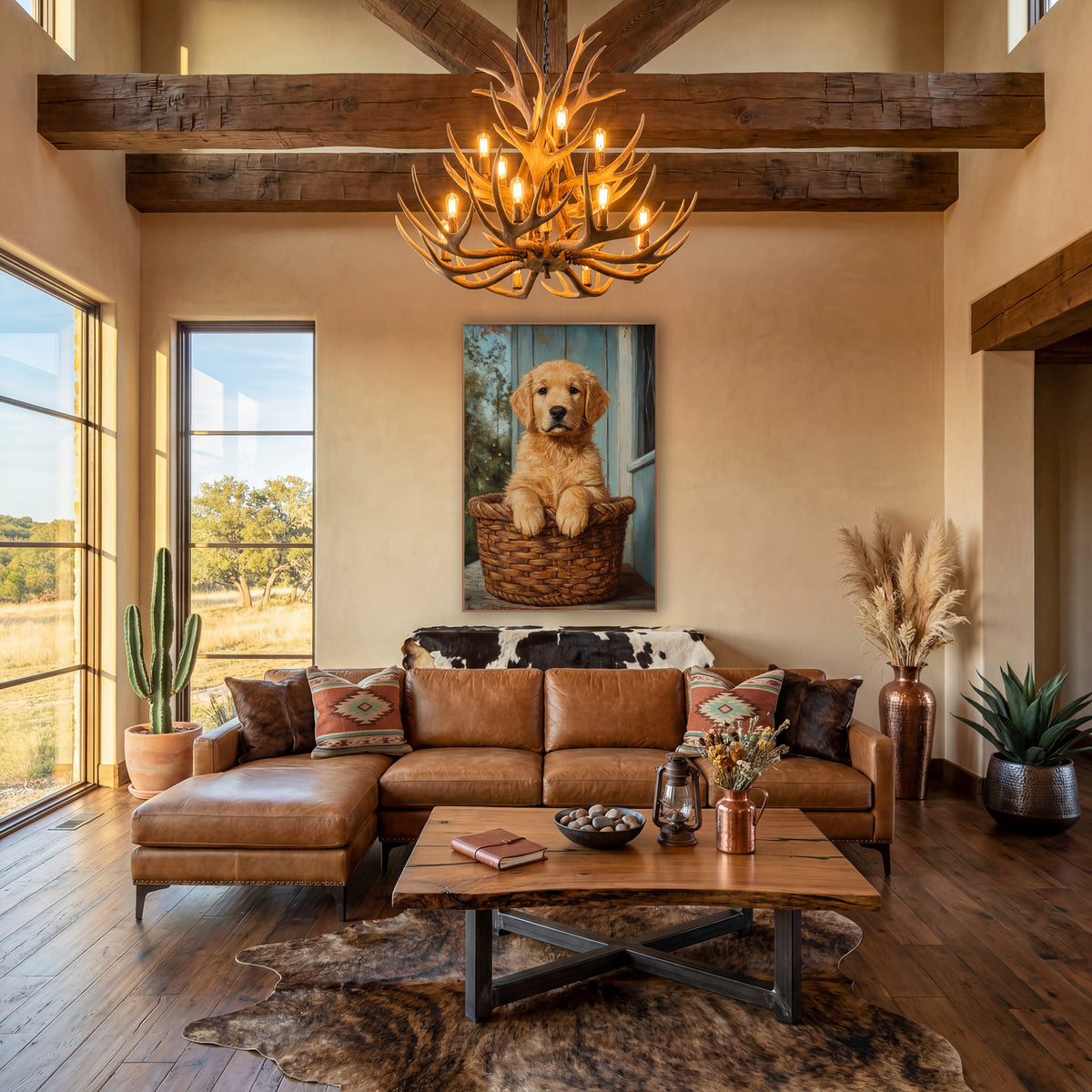Golden Puppy in Woven Basket Farmhouse wall art in a farmhouse-style room – golden puppy with paws on a woven basket