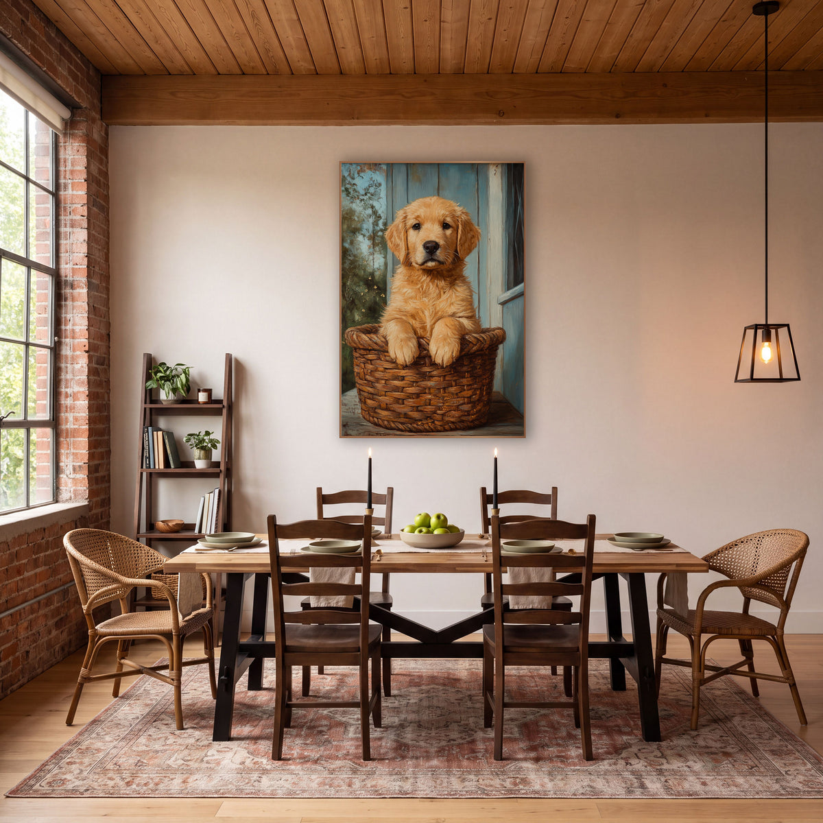 Golden Puppy in Woven Basket Farmhouse wall art in a farmhouse-style room – golden puppy with paws on a woven basket