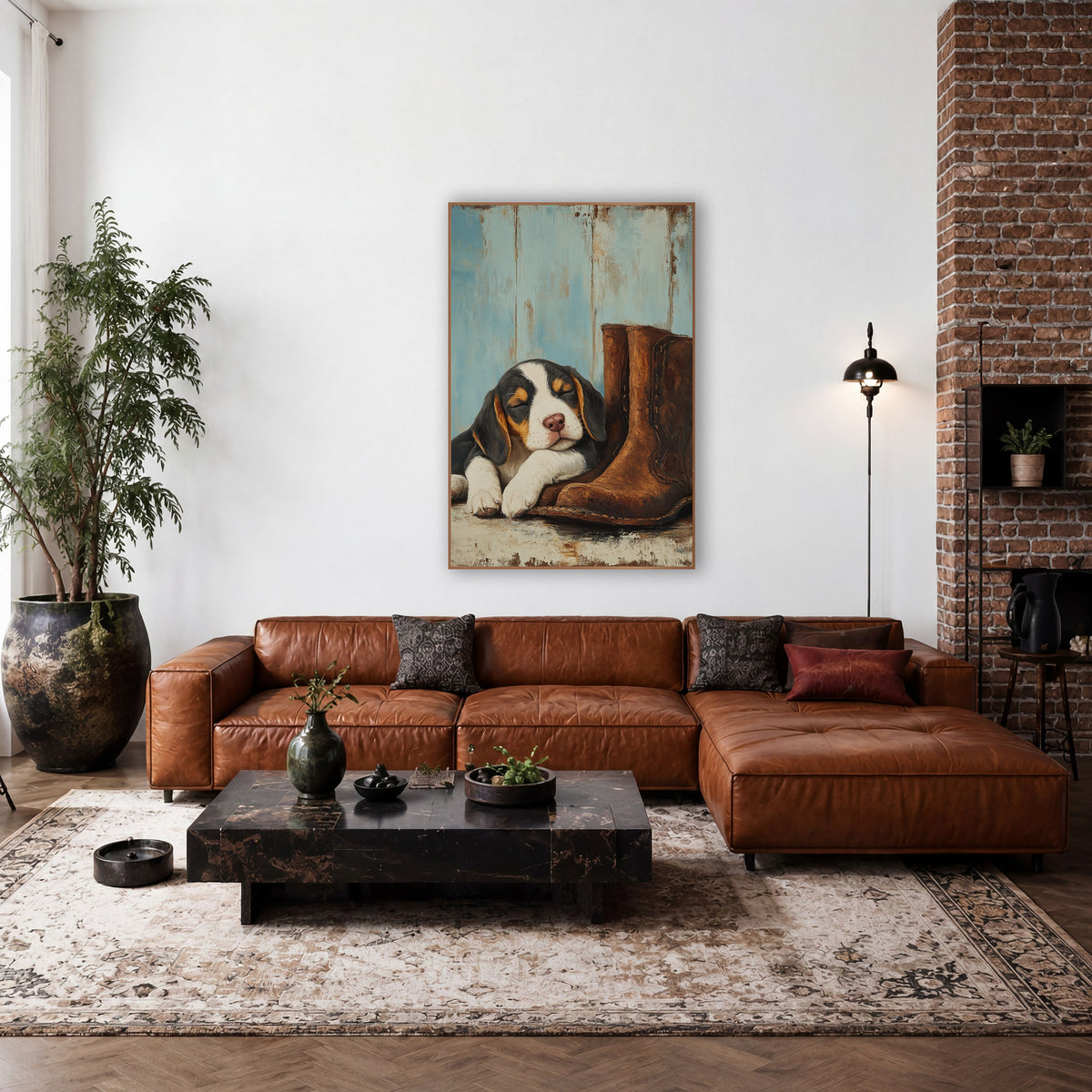Sleepy Beagle Puppy Rustic Boots wall art in a farmhouse-style room – sleeping tricolor puppy resting its head