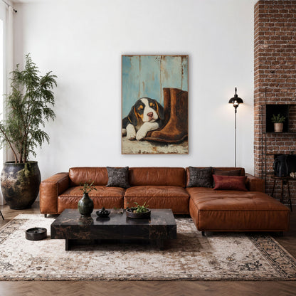Sleepy Beagle Puppy Rustic Boots wall art in a farmhouse-style room – sleeping tricolor puppy resting its head