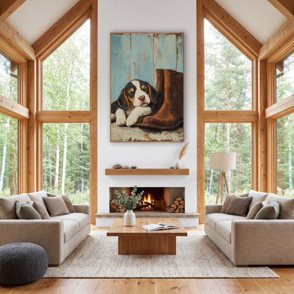 Sleepy Beagle Puppy Rustic Boots wall art in a farmhouse-style room – sleeping tricolor puppy resting its head