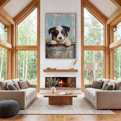 Border Collie Pale Blue Planks Rustic wall art in a farmhouse-style room – black, white and tan puppy with paws