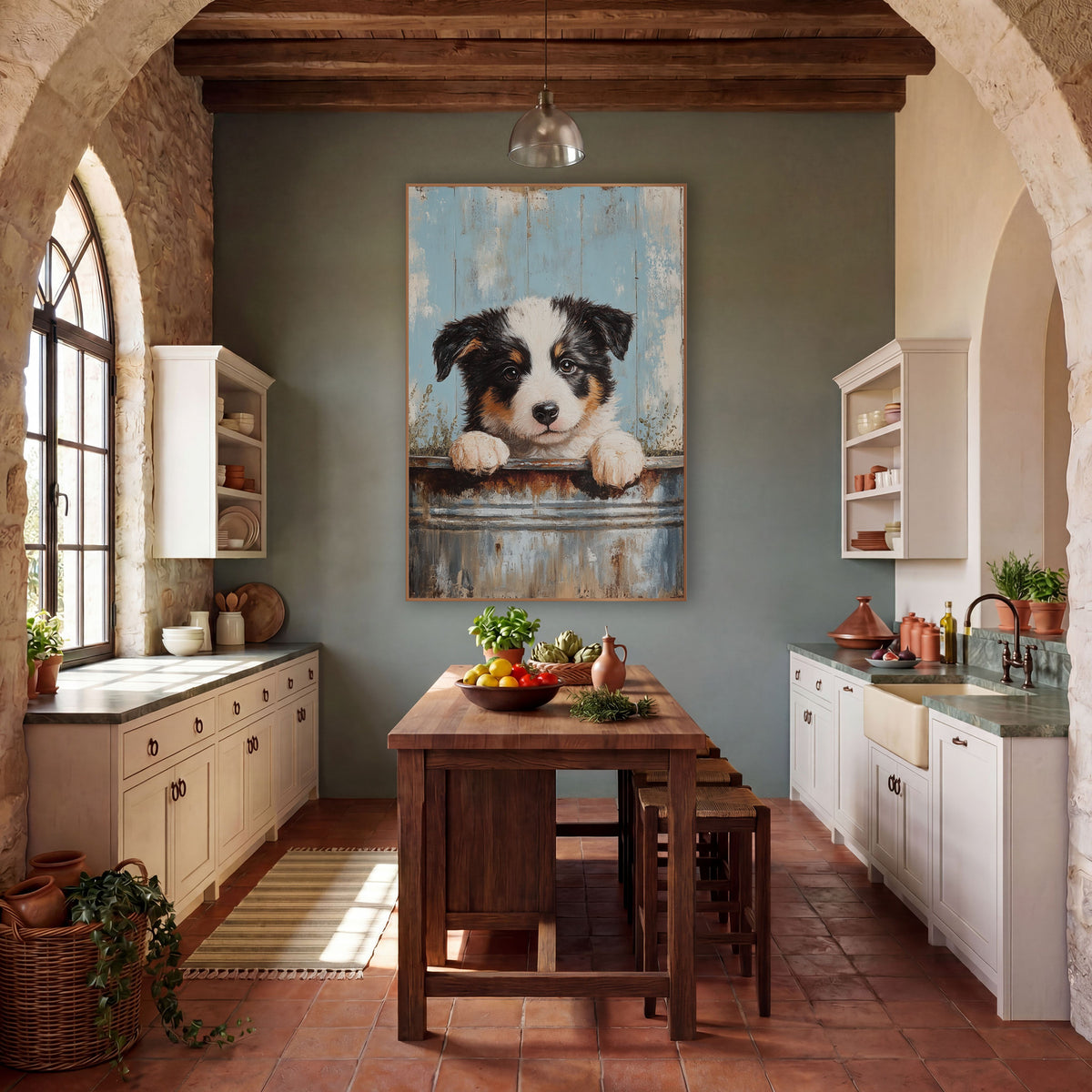 Border Collie Pale Blue Planks Rustic wall art in a farmhouse-style room – black, white and tan puppy with paws
