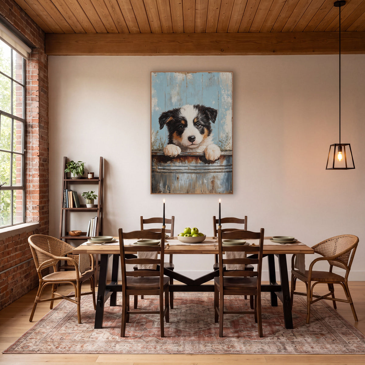 Border Collie Pale Blue Planks Rustic wall art in a farmhouse-style room – black, white and tan puppy with paws