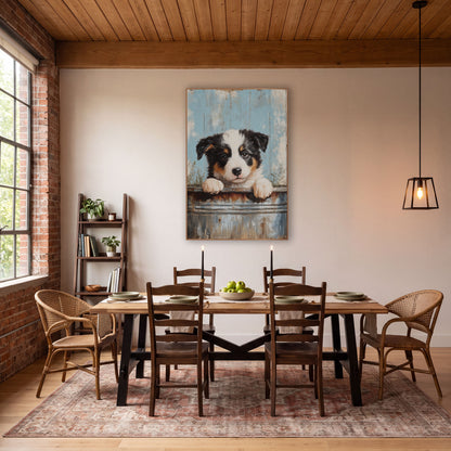 Border Collie Pale Blue Planks Rustic wall art in a farmhouse-style room – black, white and tan puppy with paws