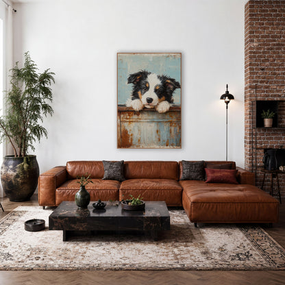 Tricolor Puppy Turquoise Wash Farmhouse wall art in a farmhouse-style room – black, white and tan puppy resting