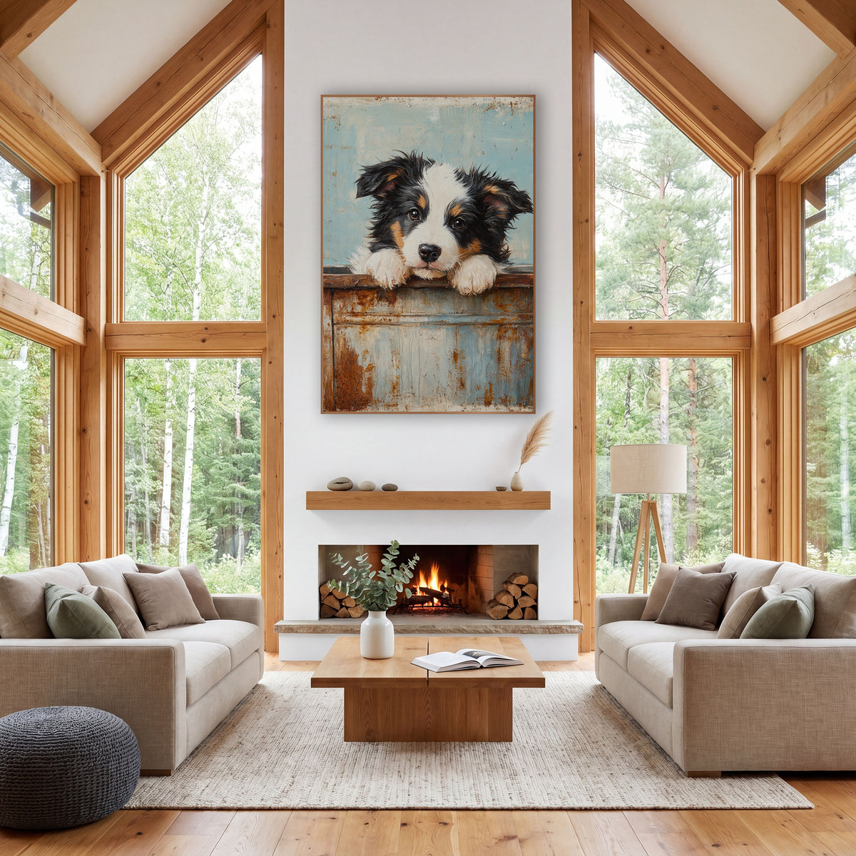 Tricolor Puppy Turquoise Wash Farmhouse wall art in a farmhouse-style room – black, white and tan puppy resting
