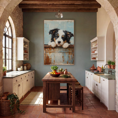 Tricolor Puppy Turquoise Wash Farmhouse wall art in a farmhouse-style room – black, white and tan puppy resting