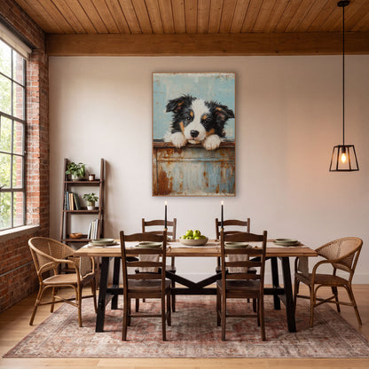 Tricolor Puppy Turquoise Wash Farmhouse wall art in a farmhouse-style room – black, white and tan puppy resting
