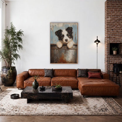 Paws On Pail Puppy Rustic wall art in a farmhouse-style room – black and white puppy with white paws peeking