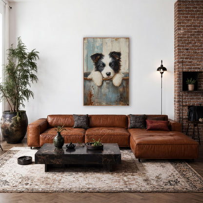 Sleepy Puppy Rusty Tub Farmhouse wall art in a farmhouse-style room – black and white puppy resting white paws