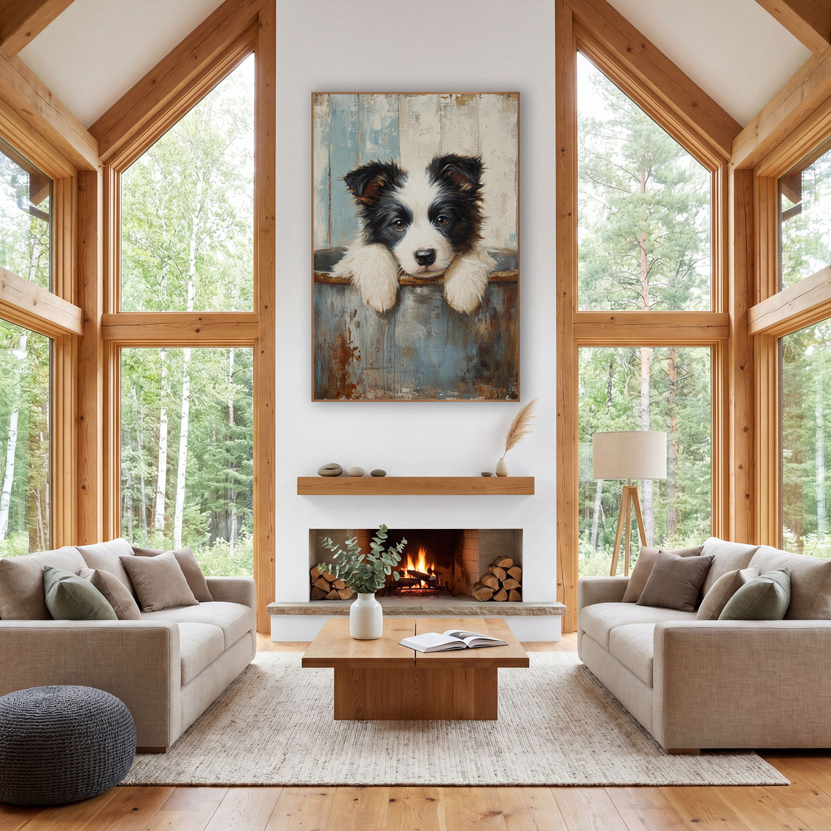 Sleepy Puppy Rusty Tub Farmhouse wall art in a farmhouse-style room – black and white puppy resting white paws
