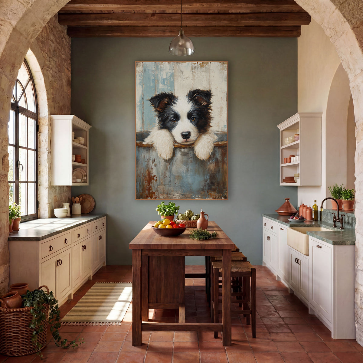 Sleepy Puppy Rusty Tub Farmhouse wall art in a farmhouse-style room – black and white puppy resting white paws