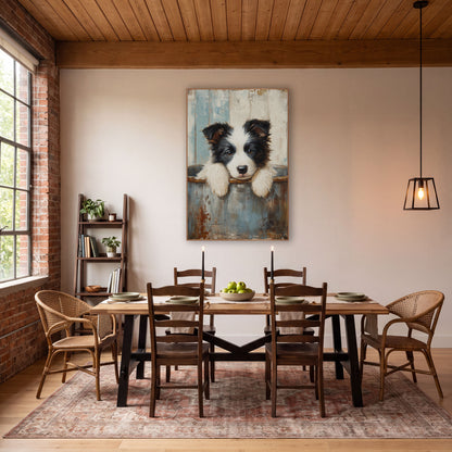 Sleepy Puppy Rusty Tub Farmhouse wall art in a farmhouse-style room – black and white puppy resting white paws