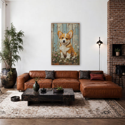 Corgi Puppy Wildflower Farmhouse wall art in a farmhouse-style room – corgi puppy sitting among white daisies and pink