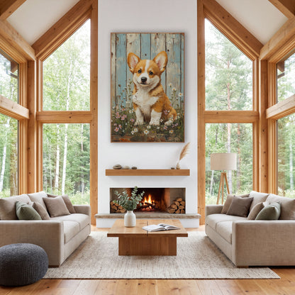 Corgi Puppy Wildflower Farmhouse wall art in a farmhouse-style room – corgi puppy sitting among white daisies and pink