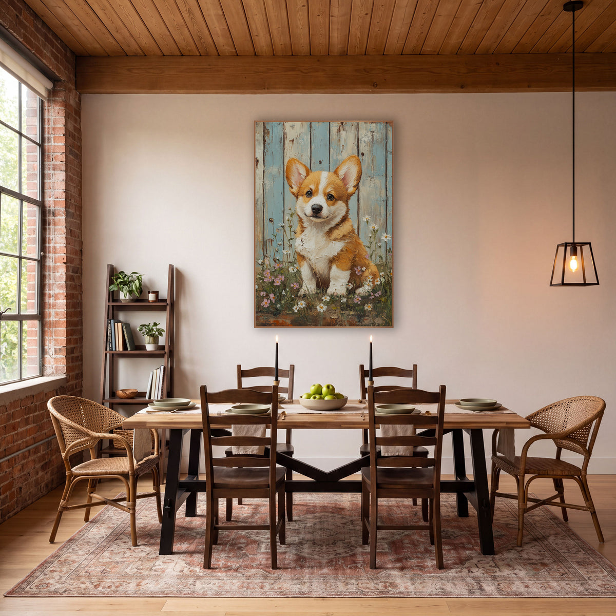 Corgi Puppy Wildflower Farmhouse wall art in a farmhouse-style room – corgi puppy sitting among white daisies and pink