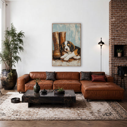 Sleepy Beagle Puppy Farmhouse Rustic wall art in a farmhouse-style room – sleeping tricolor puppy resting