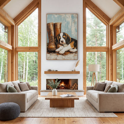 Sleepy Beagle Puppy Farmhouse Rustic wall art in a farmhouse-style room – sleeping tricolor puppy resting