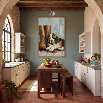 Sleepy Beagle Puppy Farmhouse Rustic wall art in a farmhouse-style room – sleeping tricolor puppy resting