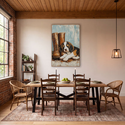 Sleepy Beagle Puppy Farmhouse Rustic wall art in a farmhouse-style room – sleeping tricolor puppy resting